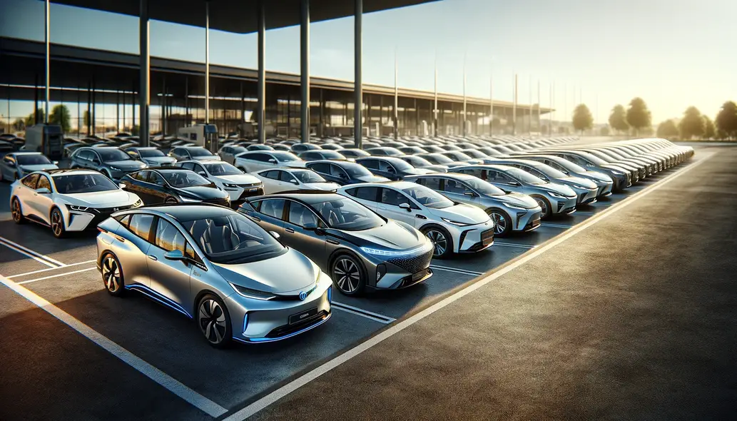 Realistic lineup of various popular hybrid car models from different manufacturers, displayed side by side