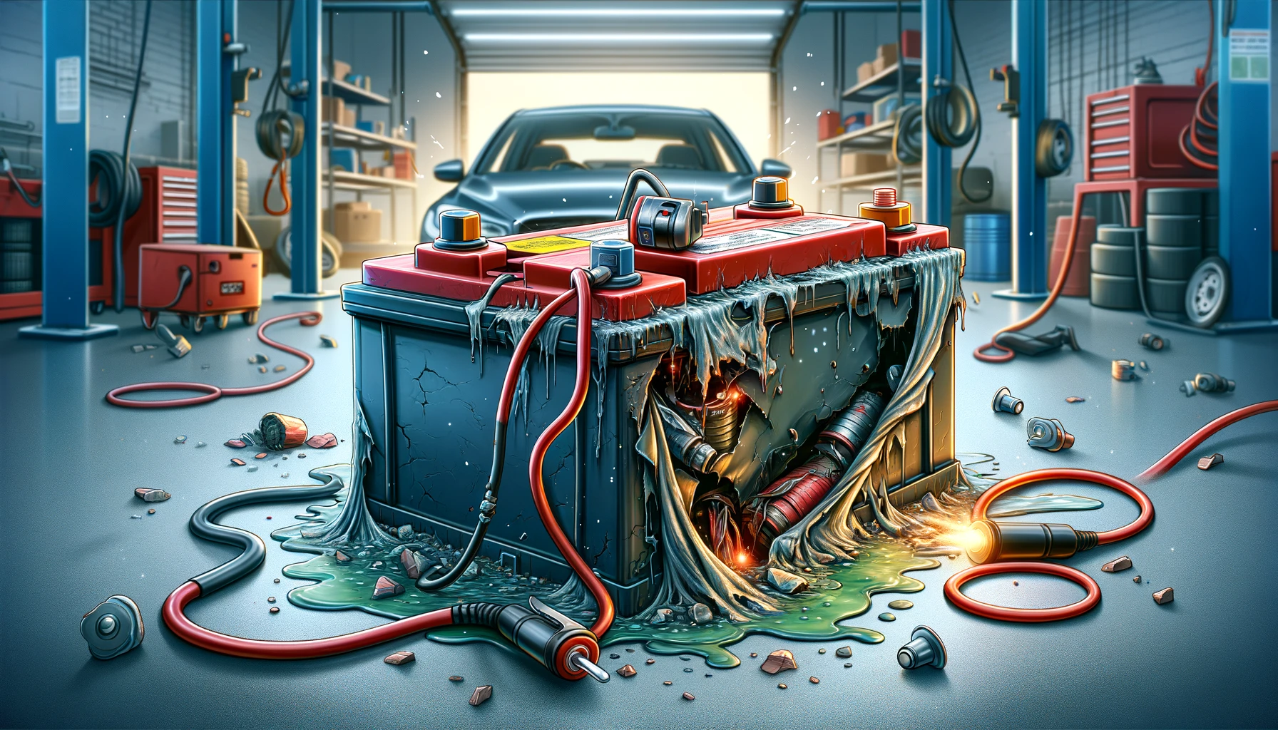 Digital illustration of an overcharged car battery showing signs of damage like bulging and leakage in a garage setting.